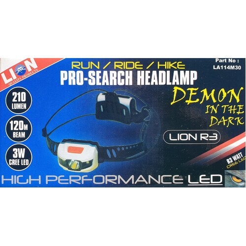 Lion 3 Watt LED Pro-Search Headlamp Run Ride Hike 120m Beam 210 Lumen