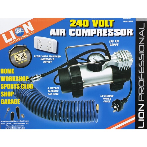 Lion Air Compressor 240 Volt 150 PSI 120 Watt Dial Gauge Car 4WD SUV