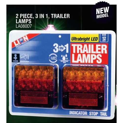 Lion Ultrabright LED  2 Piece 3-In-1 12v Trailer Lamps Stop/Tail/Flasher