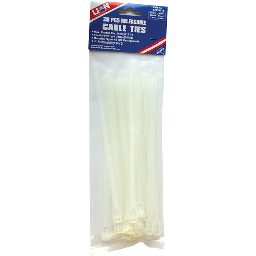 Lion Releasable Cable Ties White 20 Piece Pack [Size: 200mm (8")]