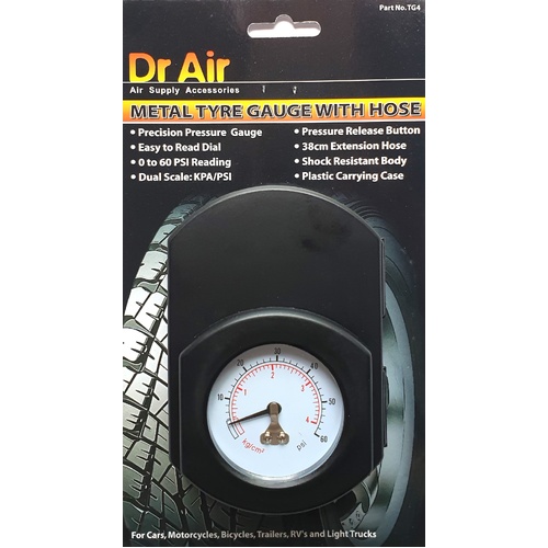 Dr Air Metal Tyre Pressure Gauge 0-60psi With Extension Hose Car Auto SUV 4WD